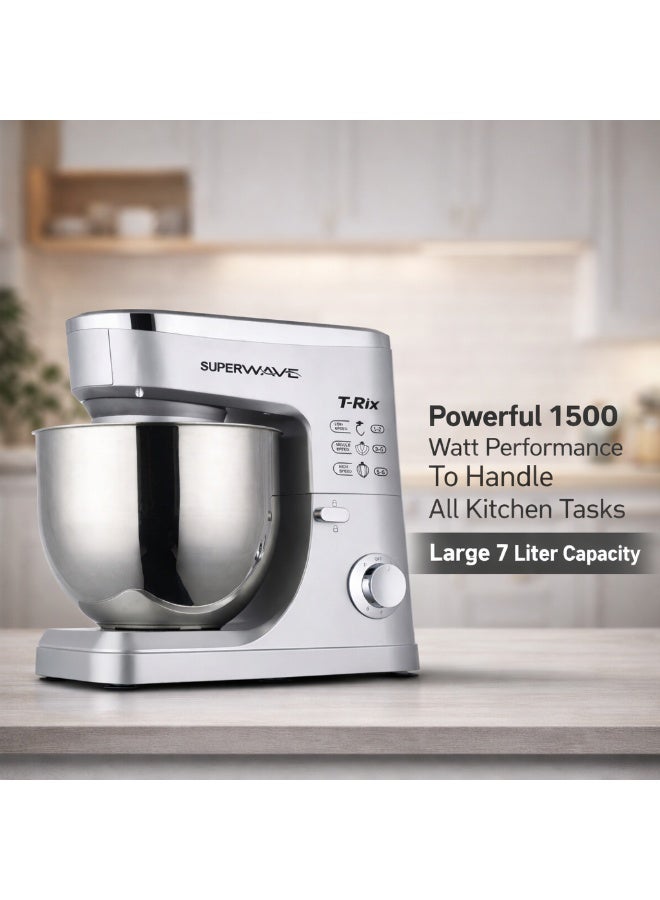 سوبر ويف تي-ريكس عجانة كهربائية 1500 واط، وعاء ستانلس ستيل 7 لتر، 6 سرعات، 3 ملحقات، فضي - Image 4